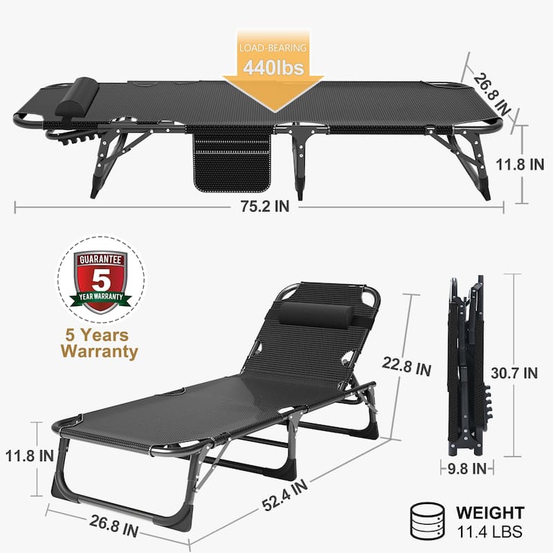 DoCred Adjustable Folding Camping Cot Bed, Lounge Chair Guest Bed - 75"