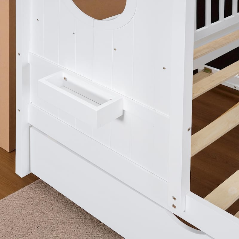 Wooden Twin/Full Size House Bed with Trundle, Storage Shelf & Roof Design - Kids Modern Playhouse Bed Frame