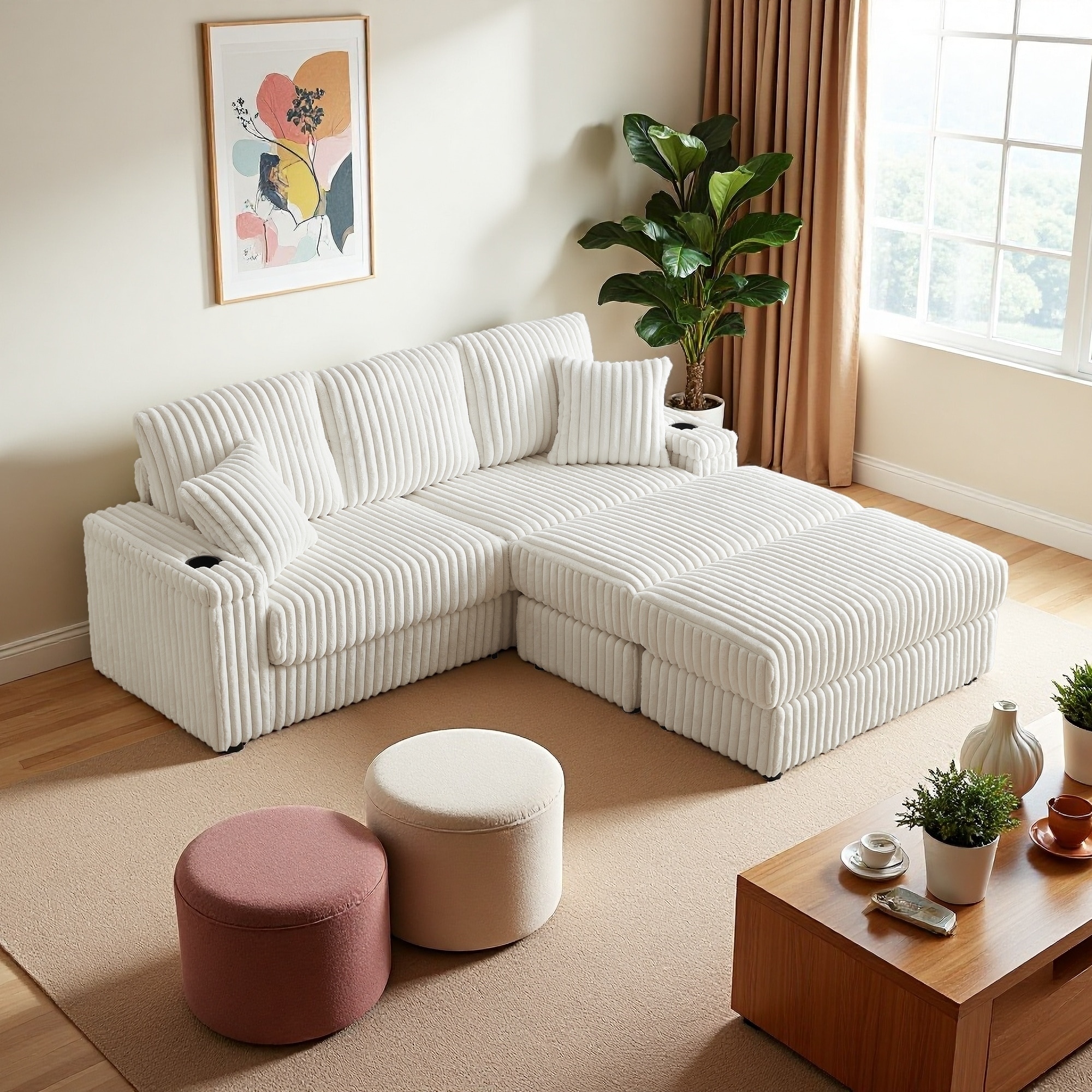 84" Corduroy Sofa with 2 Storage Ottomans, Cup Holders and Deep Seat (3-Seater)