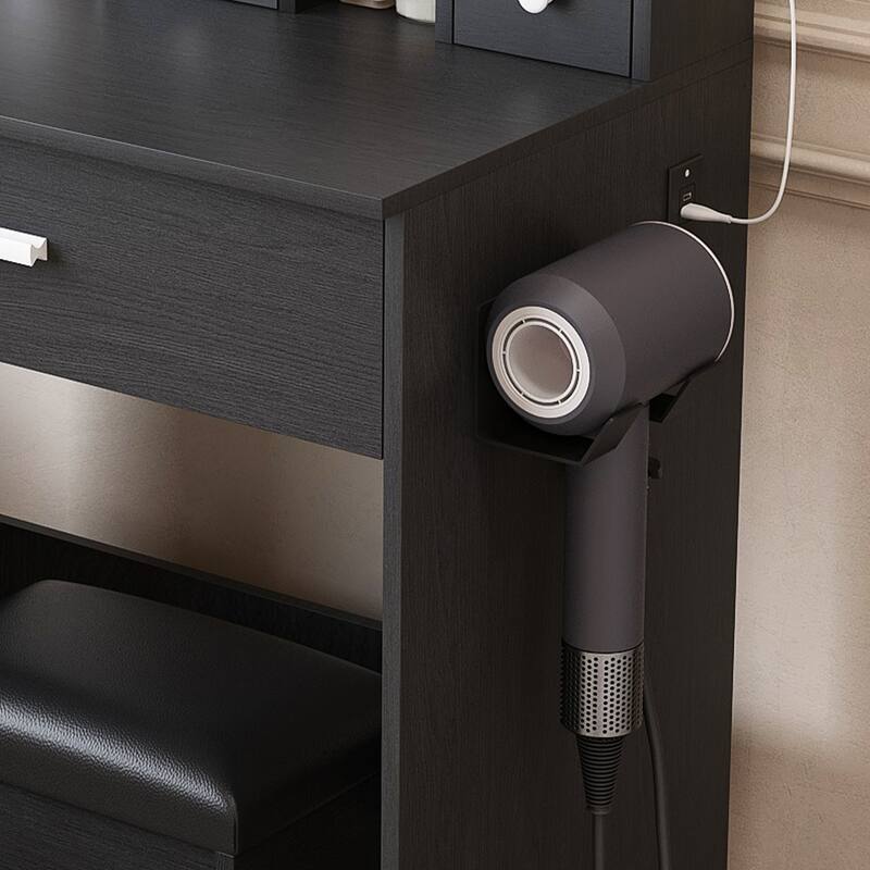 Vanity Table with Mirror & Adjustable LED Lights, Power Outlet, Hairdryer Holder & Stool - Compact Dressing Desk