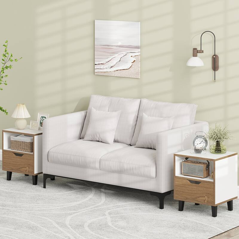 Gymax 2PCS Nightstand Mid Century Modern Bedside Table w/ Drawer Open