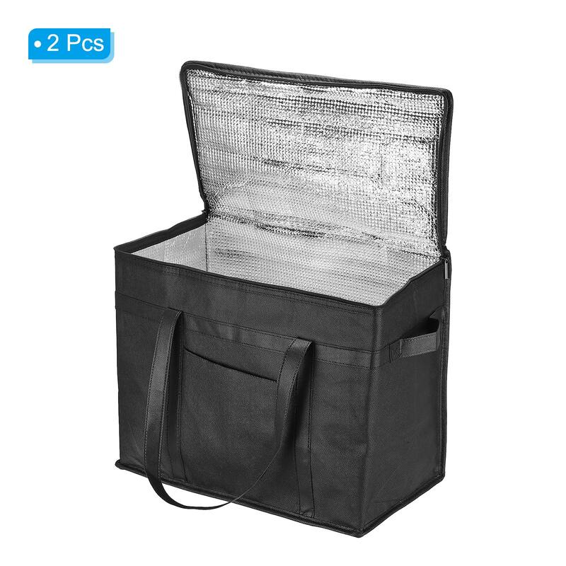 2Pcs 16.1"x9.1"x13" Insulated Reusable Grocery Shopping Bag with Pocket, Black