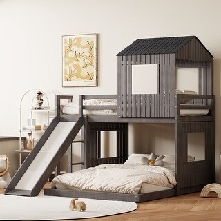 Antique Gray Twin over Full Wooden Bunk Bed with Slide