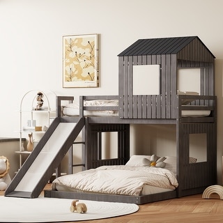 Playhouse-inspired Style Twin Over Full Wooden Bunk Bed,Loft Bed with Playhouse,Farmhouse, Ladder, Slide and Guardrails
