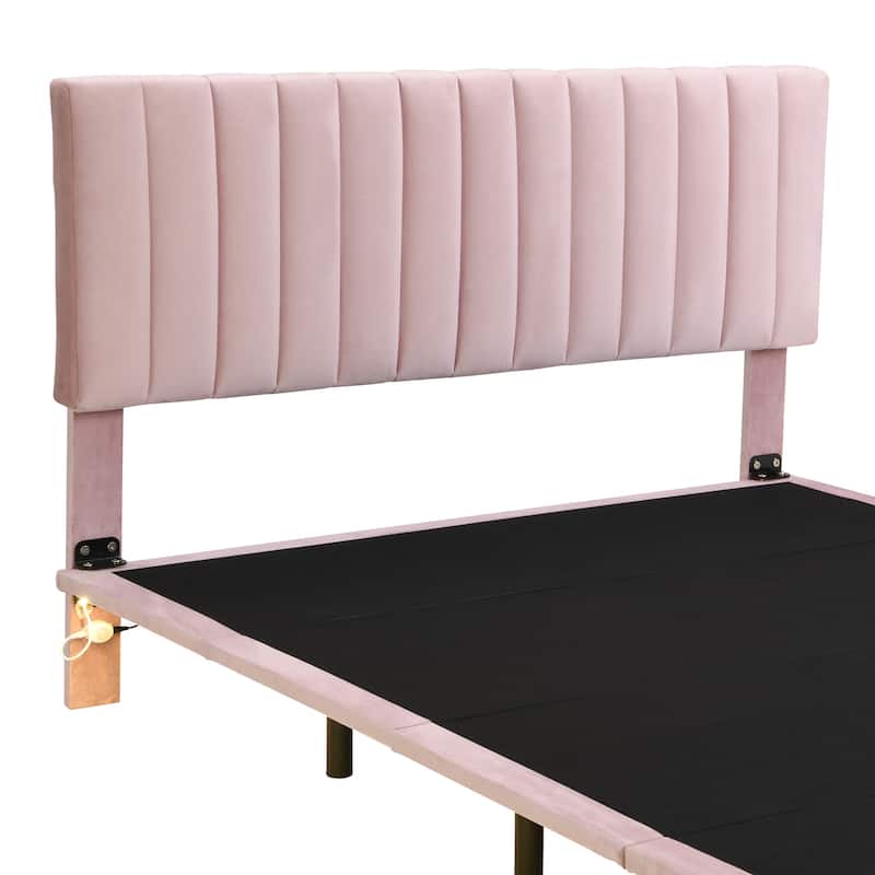Pink Queen Platform Bed in Velvet Upholstered Finish with Sensor Light and Floating Headboard