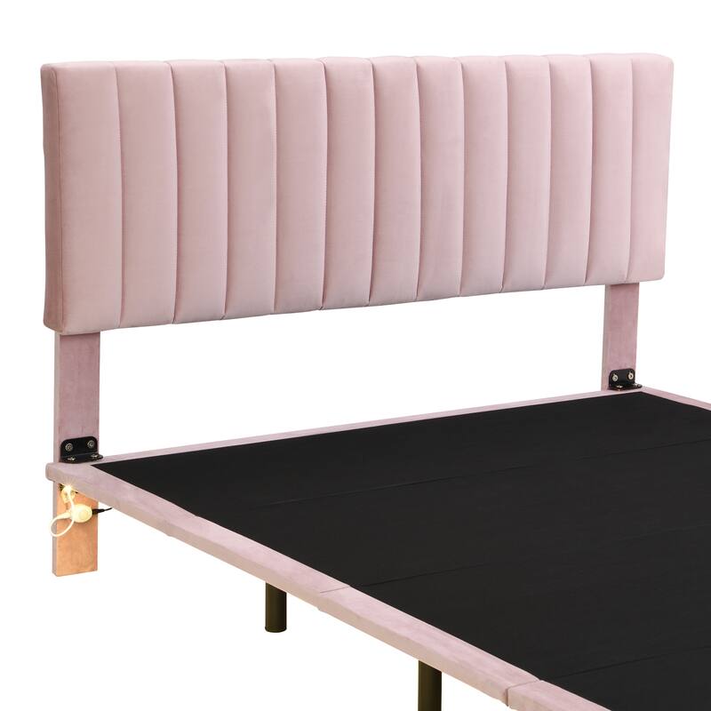 Queen Upholstered Velvet Bed with Sensor Light and Floating Frame - Modern Platform Bed with Headboard, No Box Spring Required