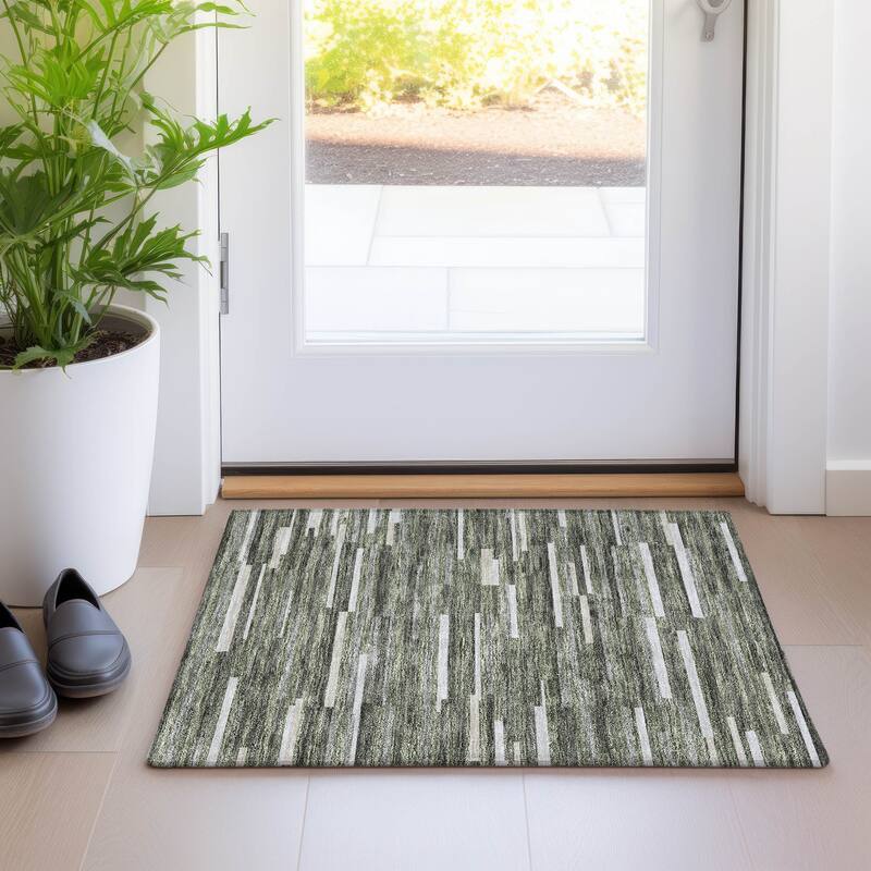 Premium Washable Super Soft Geo Stripes Mayfield Rug - Olive - 1'8" x 2'6"