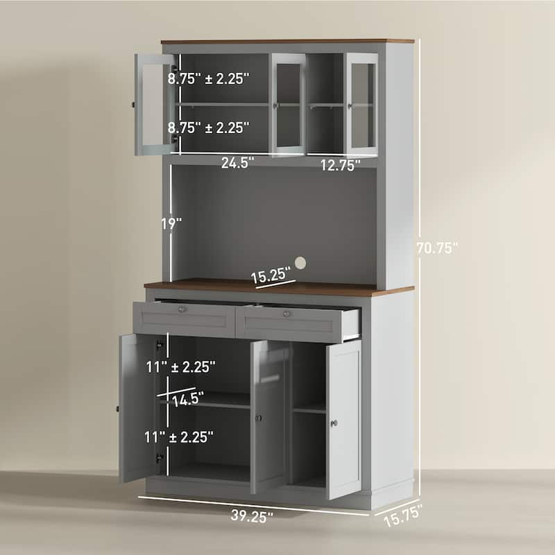 HOMCOM 71" Tall Kitchen Pantry Storage Cabinet with Microwave Stand, Adjustable Shelves and Glass Doors for Kitchen, White