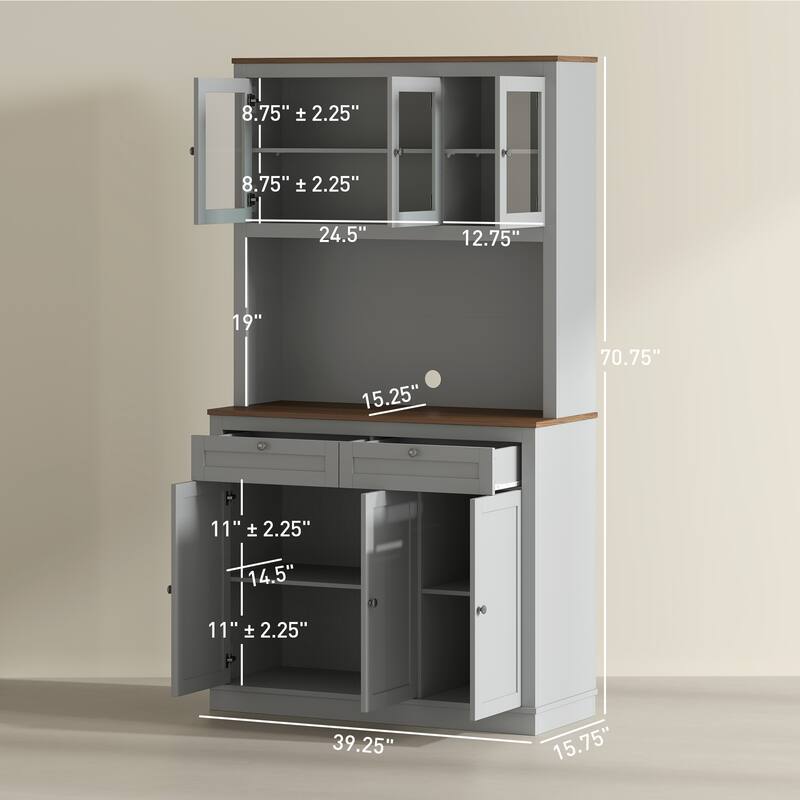 Tall Adjustable Shelves Kitchen Pantry Cabinet with Glass Doors and 8 Compartments 2 Drawers - 39.4" W x 15.7" D x 70.9" H