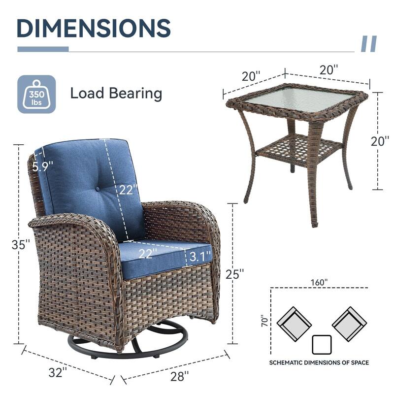 Gymojoy Swivel Patio Chair & Table 3 Piece Outdoor Furniture Set
