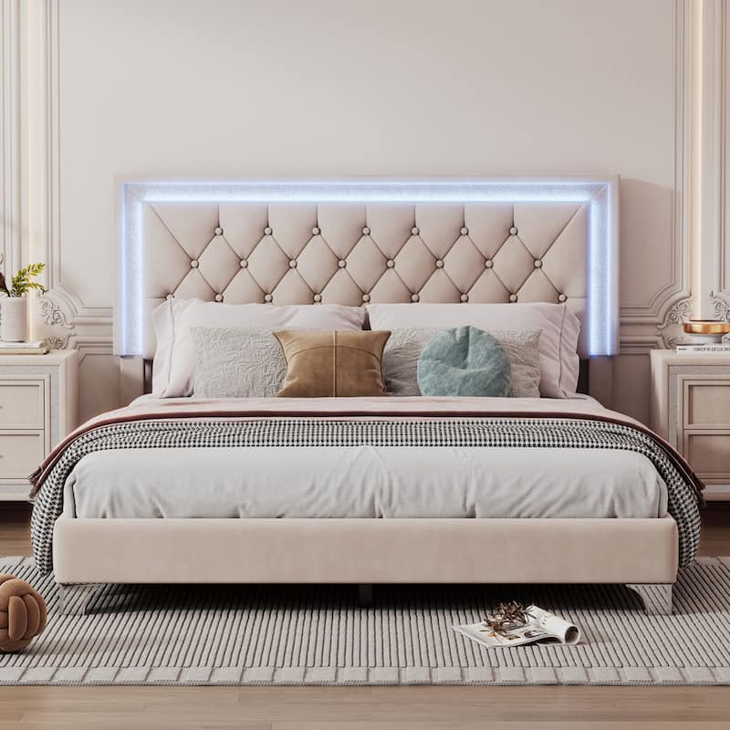 Upholstered Bed Frame with LED Lights,Modern Velvet Platform Bed