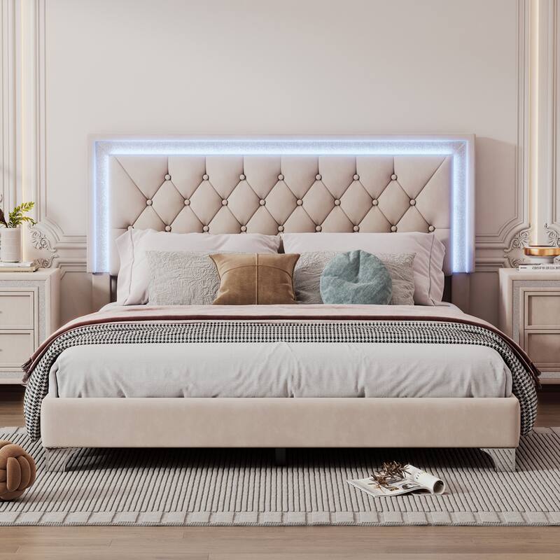 Velvet Platform Bed with Tufted Headboard and LED Lights