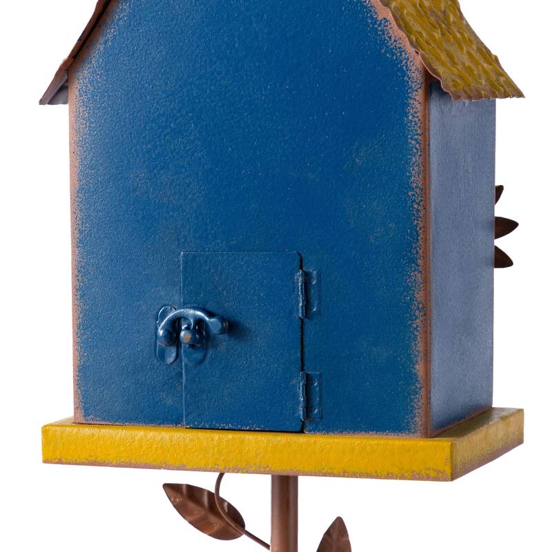 Glitzhome 52.5''H Blue Green Metal Sunflower Decorative Garden Birdhouse with Stake