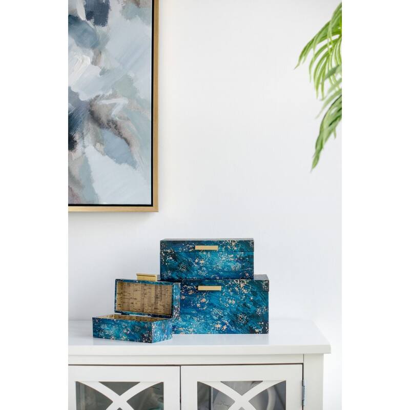 Abstract Rectangular Boxes with Handle - 12.25" - Blue and Gold - Set of 3
