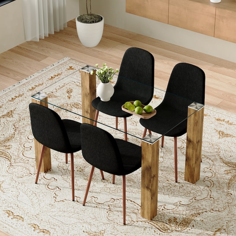 Roomfitters 5pcs Glass Dining Table Set with Natural MDF Legs and Linen High Resilience Chairs, Black