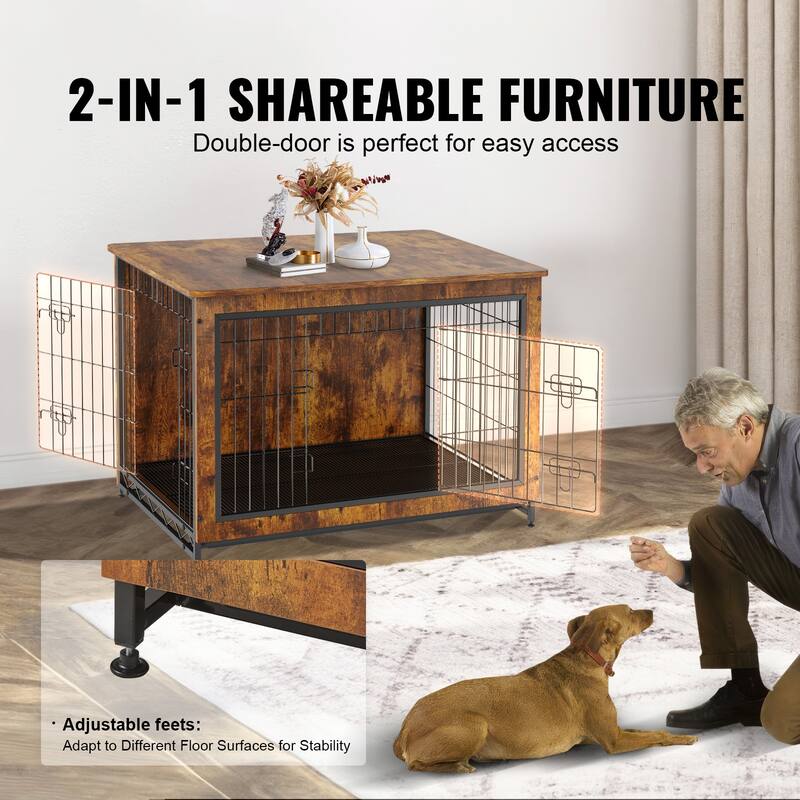 Dog Crate Furniture, Wooden Dog Crate with Double Doors, Heavy-Duty Dog Cage End Table with Multi-Purpose Removable Tray