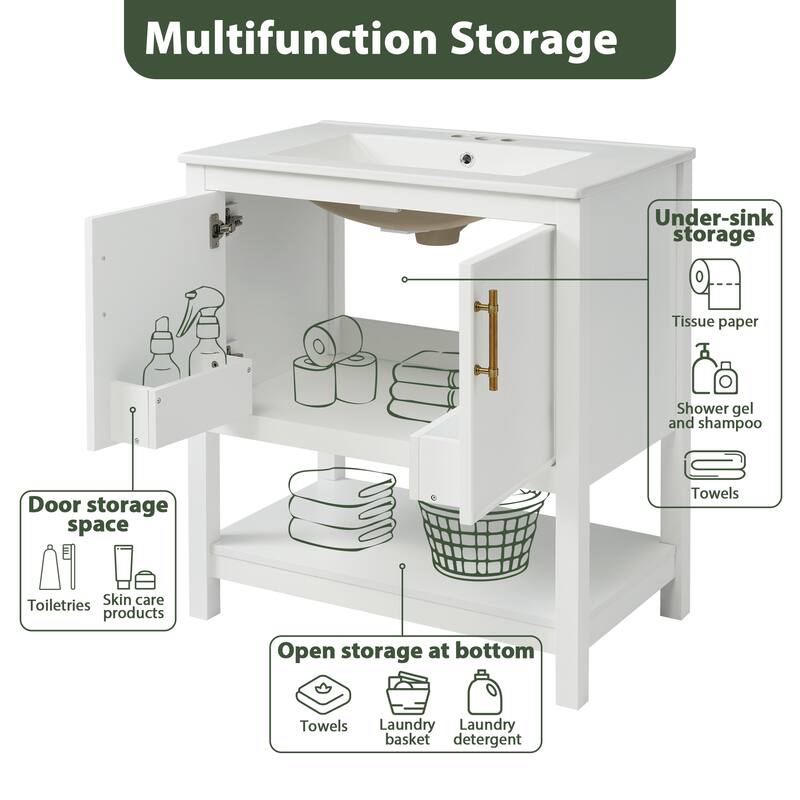 30-Inch Bathroom Vanity with Ceramic Sink and Versatile Storage