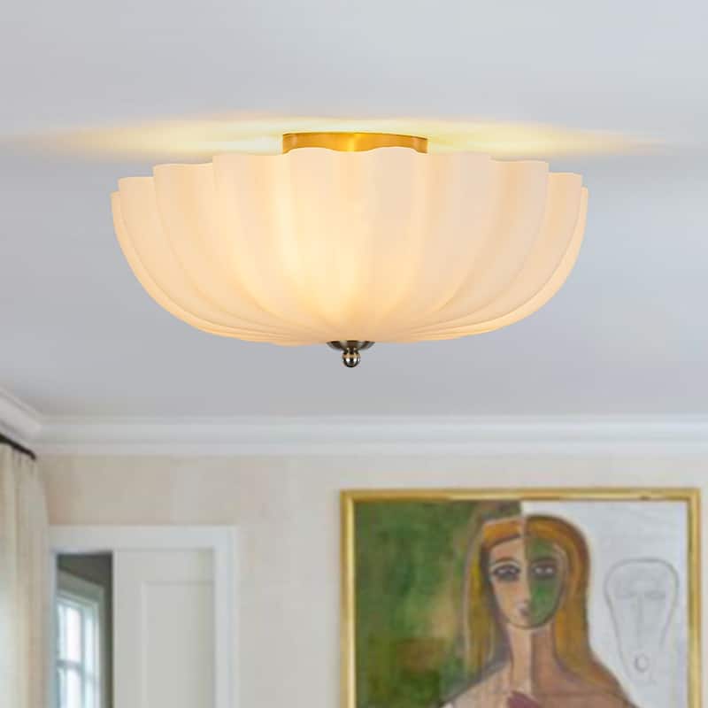 15.7''W 3-Light Shell Scalloped Glass Semi-Flush Mount - Nickel