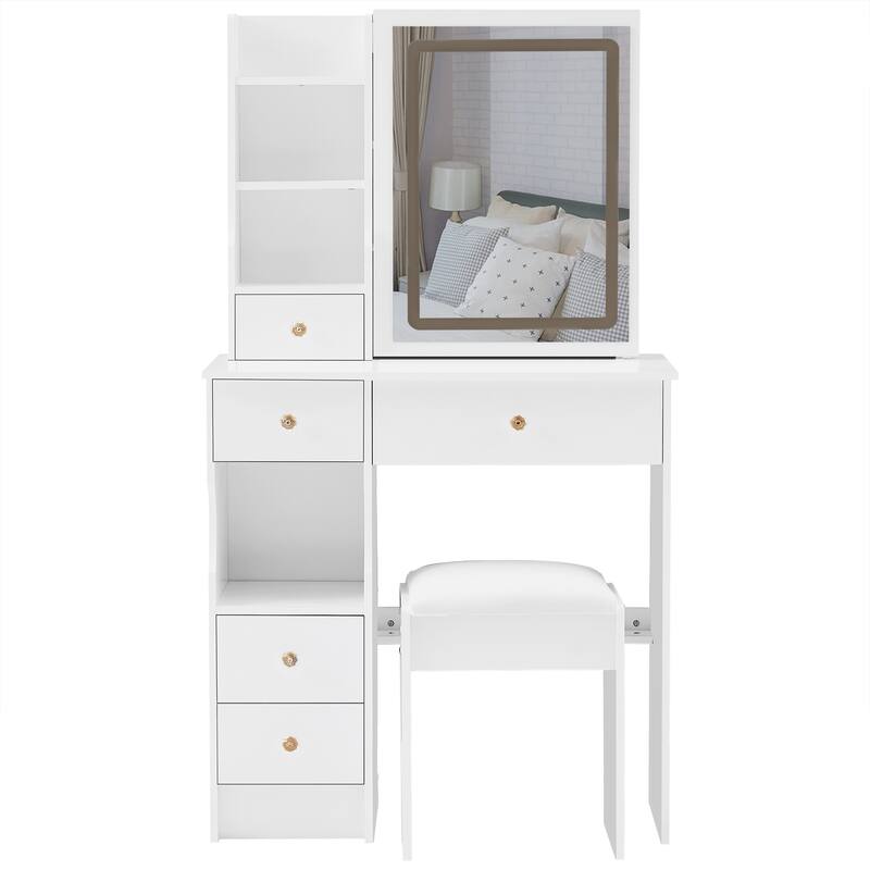Small Space Vanity Table with Sliding LED Mirror, Multi-Layer Storage, and Comfortable Stool for Modern Bedrooms