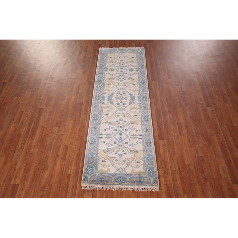 Ivory & Blue Oushak Oriental Runner Rug Handmade Wool Carpet - 2'6"x 7'9"