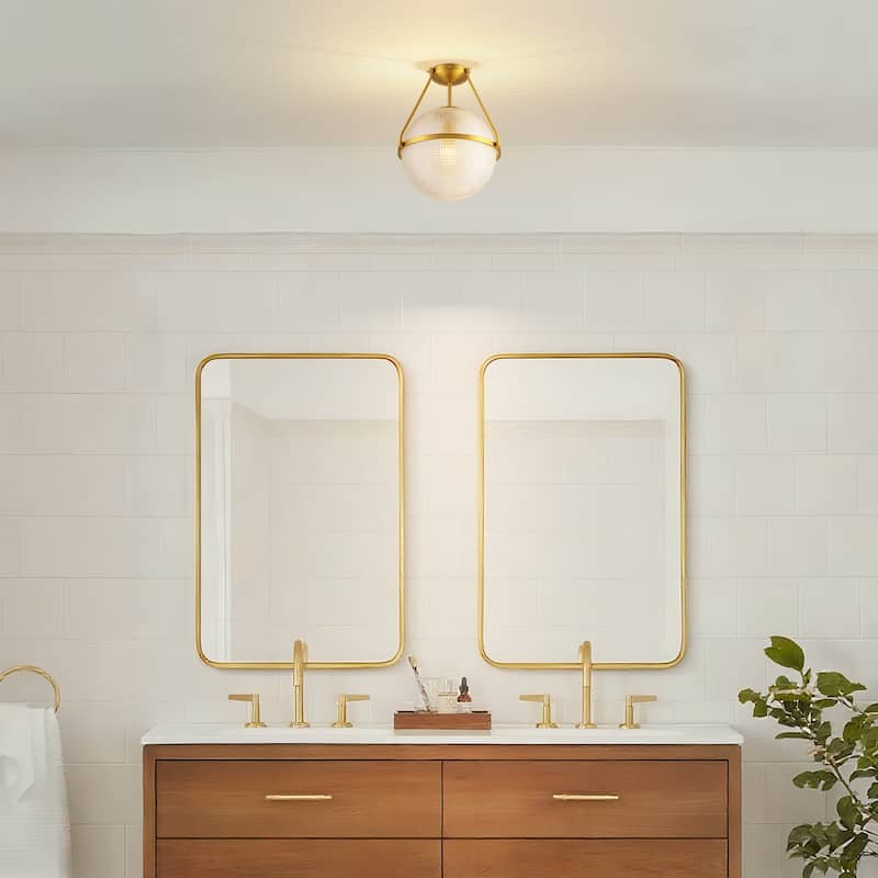 1-Light 14.17" Black/Gold Modern Textured Grid Glass Globe Semi-Flush Mount Light