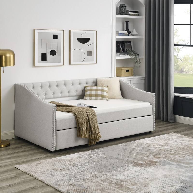 Upholstered Twin Daybed with Trundle,Polyester Fabric Sofa Bed with Button Tufted for Living Room,Bedroom