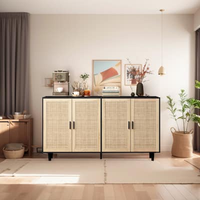 Rattan Sideboard Storage Cabinet Console Table with Adjustable Shelf