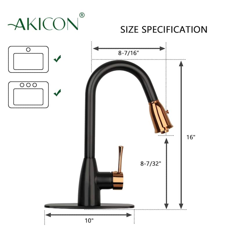 One-Handle Matte Black and Rose Gold Pull Down Kitchen Faucet with Deck Plate - 5 Years Warranty - 16x8.2
