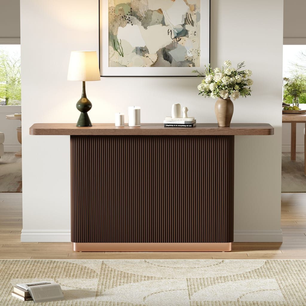 Brown Console Table Fluted Entryway Hallway Table with Ash Veneer Top