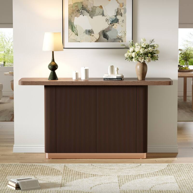 Modern Console Table for Entryway, Ash Veneer Top, Fluted Metal Base Accent, Sideboard, Sofa Table, Display Table