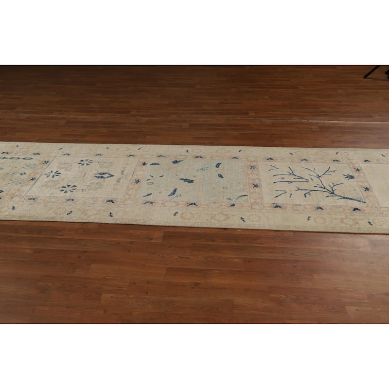 Hand Knotted Oriental 100% Wool Carpet Traditional Floral Beige & Ivories Art Deco Runner Rug - 11' 10'' X 2' 11''
