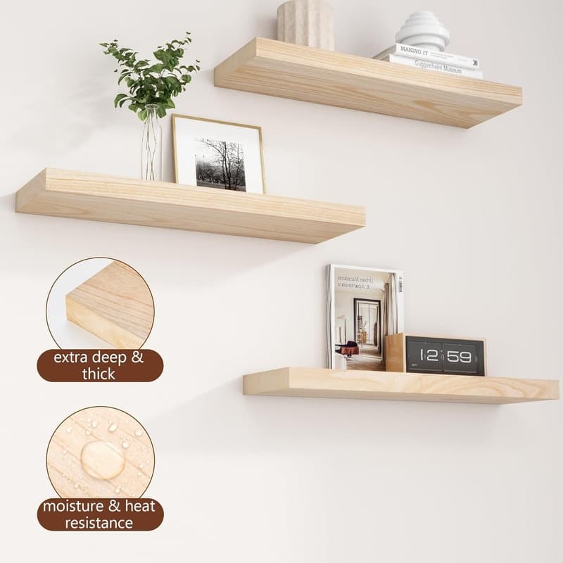 24 Inch Black Floating Shelves for Wall, Solid Wood Wall Shelves Set - 24 Inch