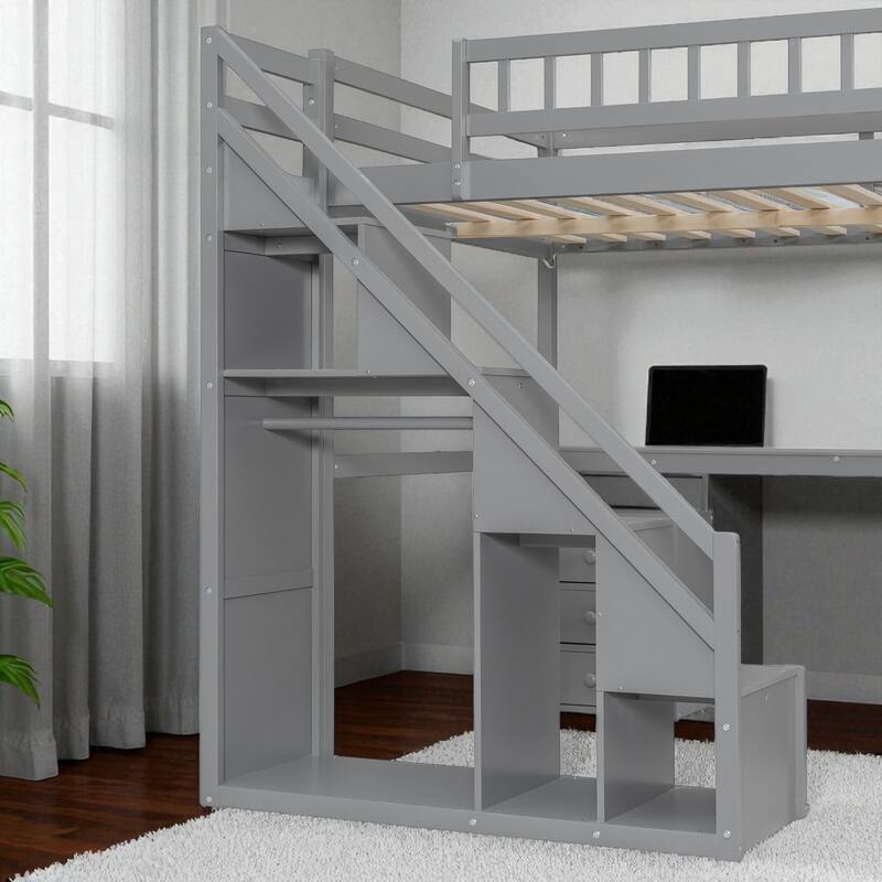 Twin/Full Loft Bed with Desk, 2 Storage Drawers, LED Light Strip, Side Stairs, Study & Space-Saving Design