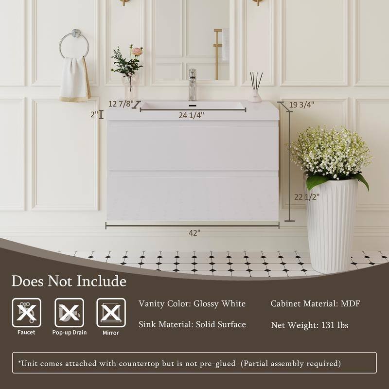 ABRUZZO 42" Floating Single Bathroom Vanity Wall-Mounted with Integrated Resin Top Basin 2 Soft Close Drawers Full Assembly