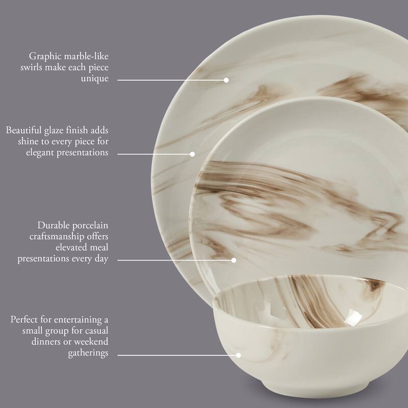 Gibson Home Cloudlight 12 Piece Plates and Bowls Dishes - Decorated Porcelain Ceramic Dinnerware Set - Service for 4