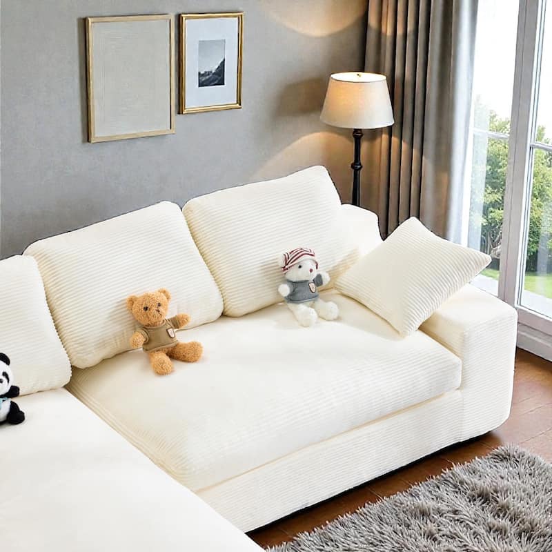 Corduroy Compressed Sofa Couch with 3 Back Cushions and 2 Throw Pillows, Soft Cloud Sofa for Living Room