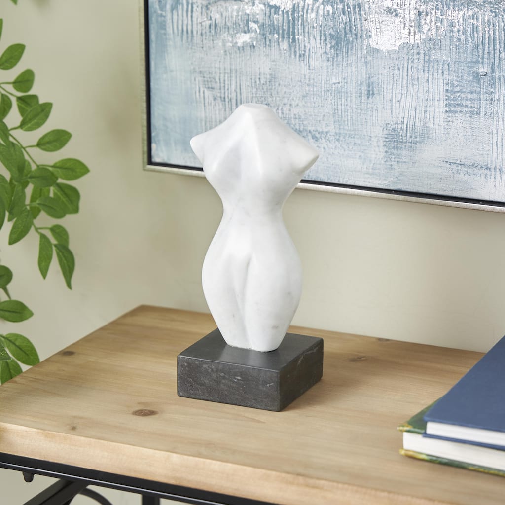 White Marble Abstract Female Form Woman Decorative Sculpture with Black Block Base