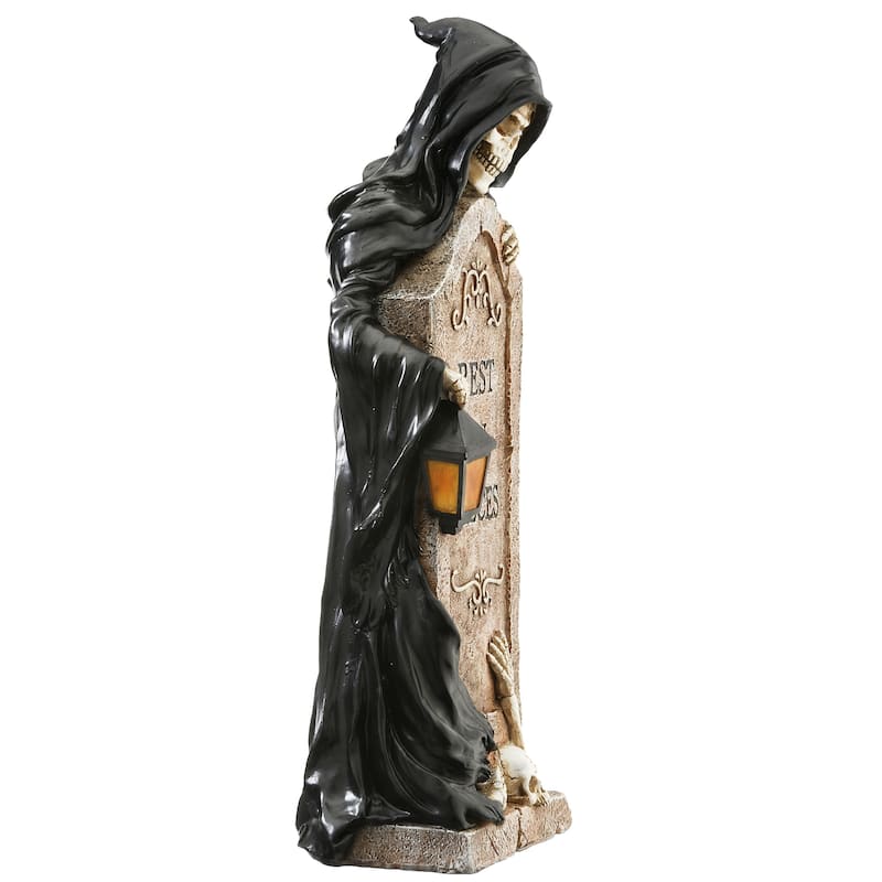 National Tree Company Halloween Skeleton Grim Reaper Standing with a Gravestone Decoration, 16 Inches