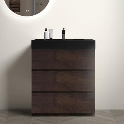 30" Walnut Large Storage Freestanding Vanity for Modern Bathroom, One-Piece Black Sink Basin without Drain and Faucet