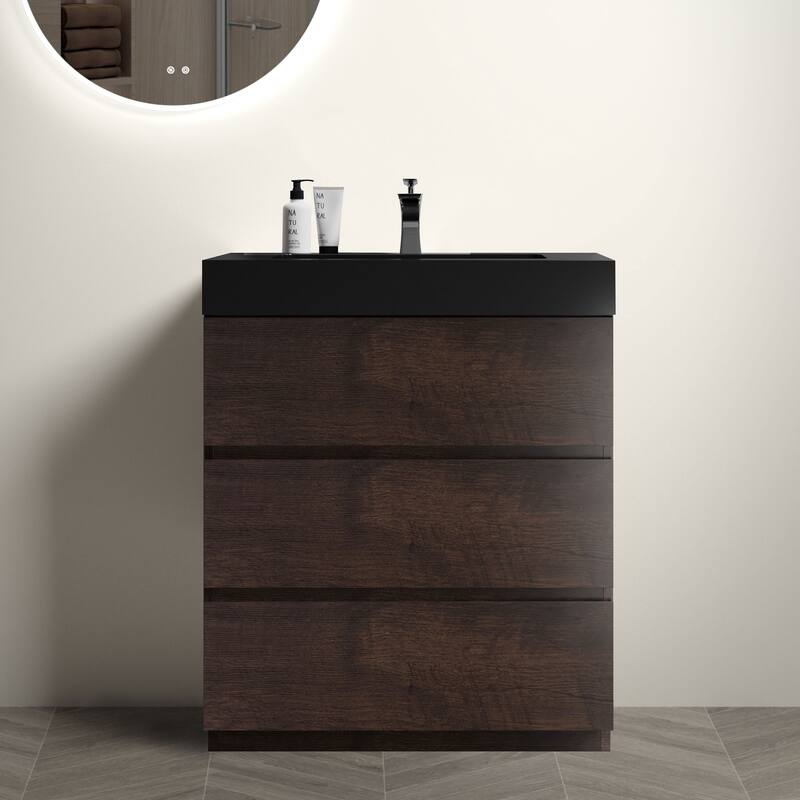 GDFStudio - Alice Walnut Freestanding Bathroom Vanity with One-Piece Matte Black Sink, Modern Handle-Free Design, Pre-Assembled - 30" - Walnut+Black