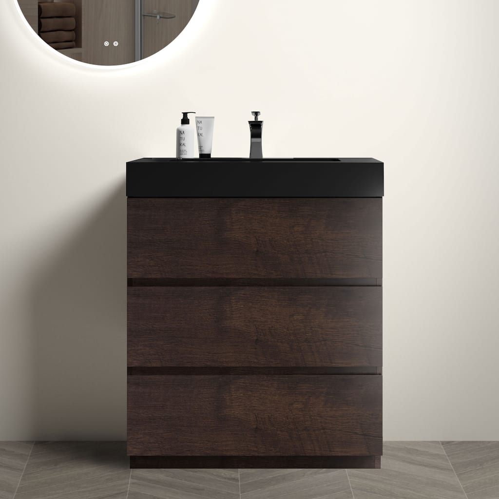 GDFStudio - Alice Walnut Freestanding Bathroom Vanity with One-Piece Matte Black Sink, Modern Handle-Free Design, Pre-Assembled