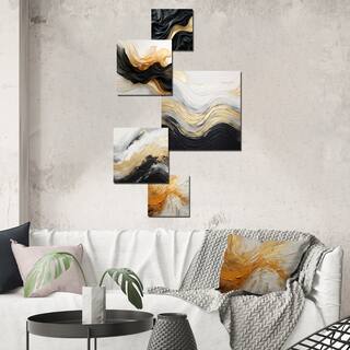 Designart "Gold And Black Soft Wave Fusion" Abstract Shapes Wall Art Set of 5 - Modern Metal Wall Living Room Decor Set