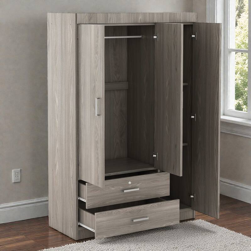 3 Door Wardrobe with Mirror and Shelves, MDF Bedroom Armoire with Lockable Drawer and Storage Drawers