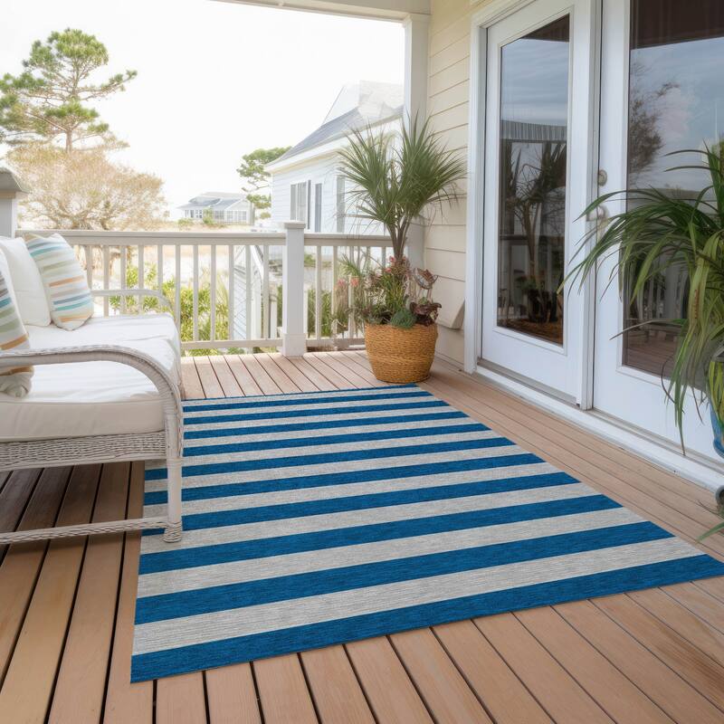 Machine Washable Indoor/ Outdoor Cabana Stripe Chantille Rug - Blue - 8' x 10'
