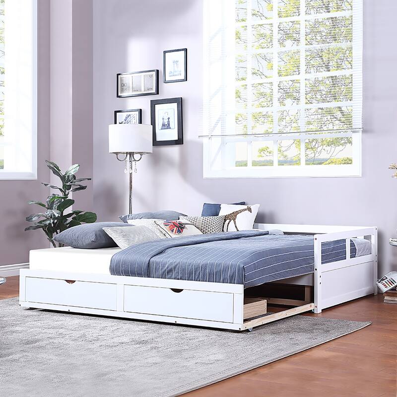 Expandable Twin to King Daybed with Storage, Trundle, and Solid Pine Wood Frame, Easy Assembly
