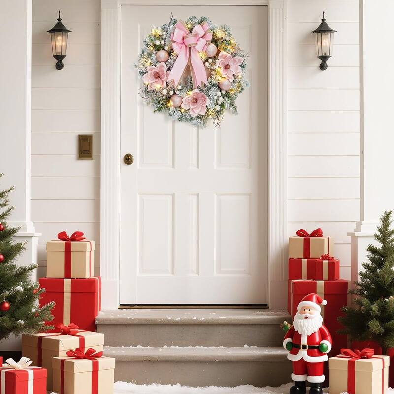 24 Inch Pink Christmas Wreath with Lights for Front Door - N/A