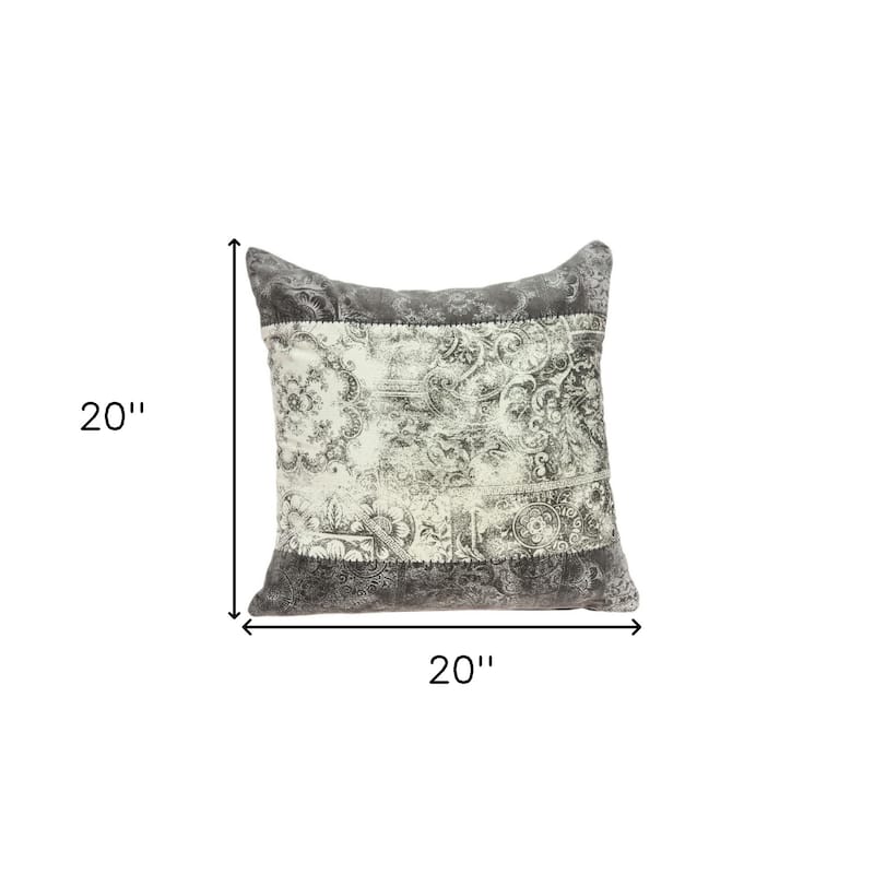 HomeRoots 20" Beige and Gray Damask Cotton Throw Pillow