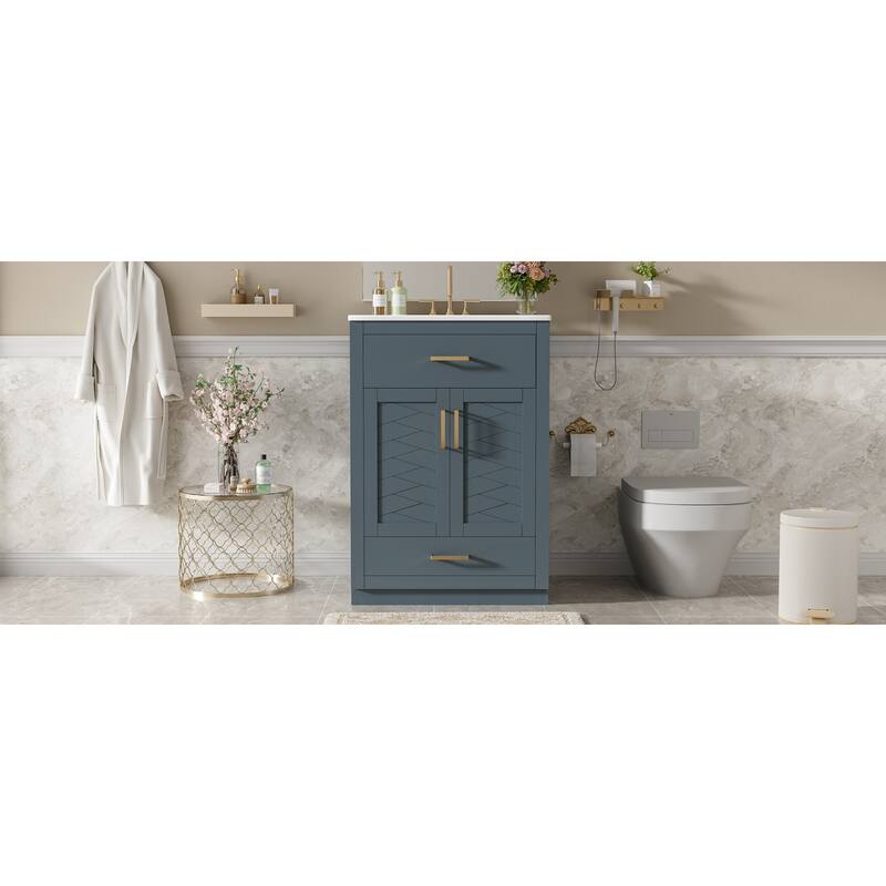 Roomfitters 24 Inch Bathroom Vanity with Integrated Ceramic Sink, Storage Cabinet & Tilt-Down Compartment