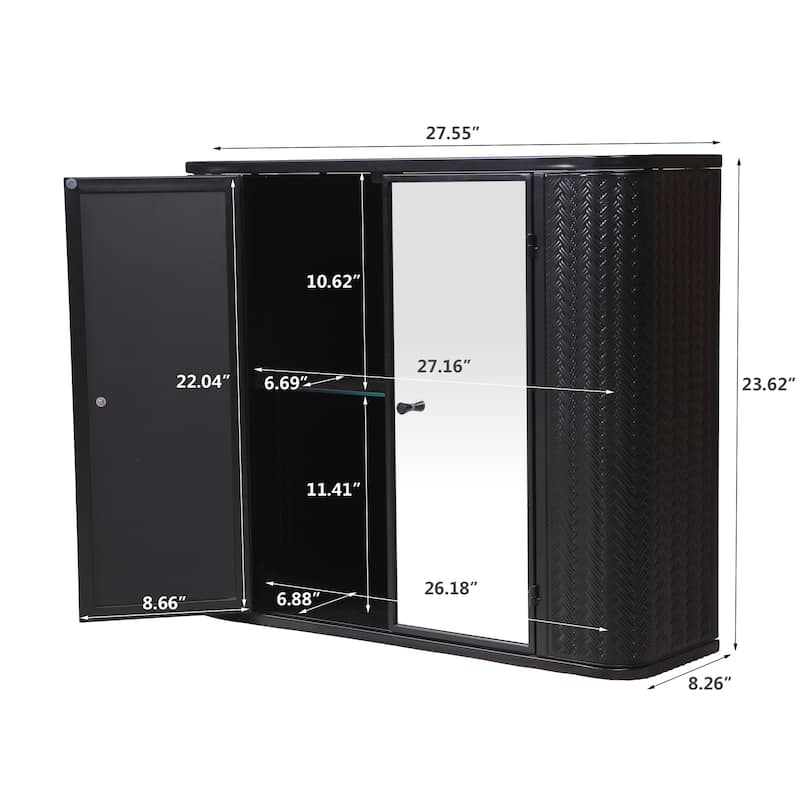 Farmhouse Metal Frame Bathroom Wall Cabinet，Dual Mirrored Doors & Open Shelf，Over-the-Sink or Toilet Storage
