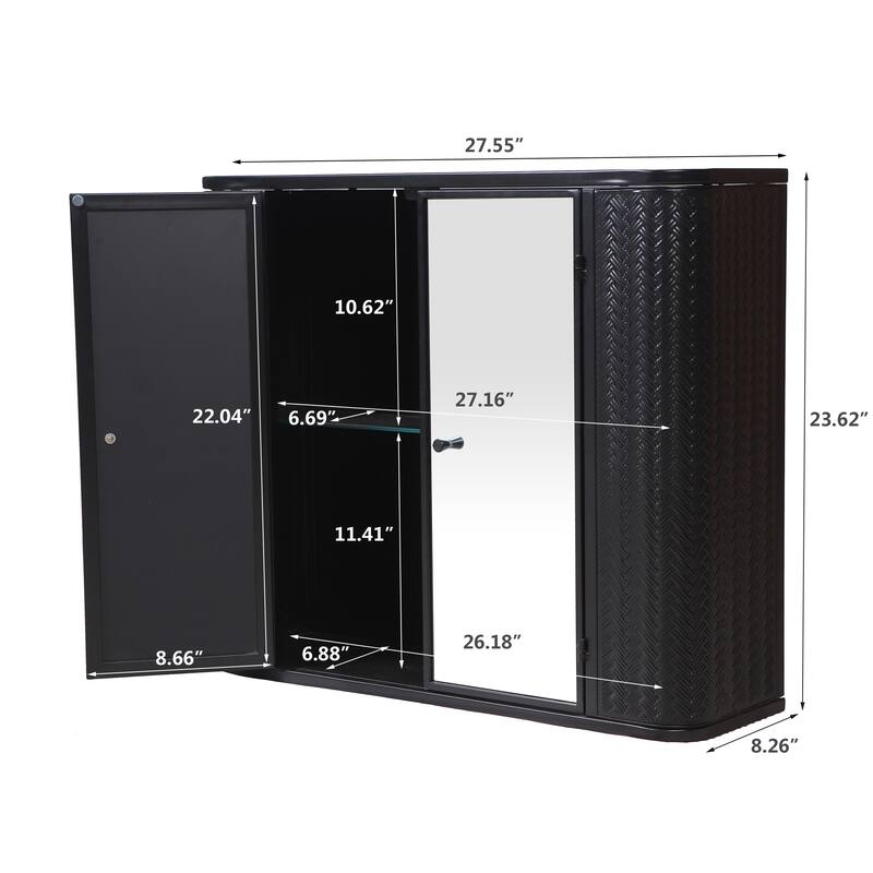 Wall-Mounted Bathroom Cabinet with Mirror, 2 Mirrored Doors & Open Shelf, Metal Frame Storage Cabinet with Open Compartment